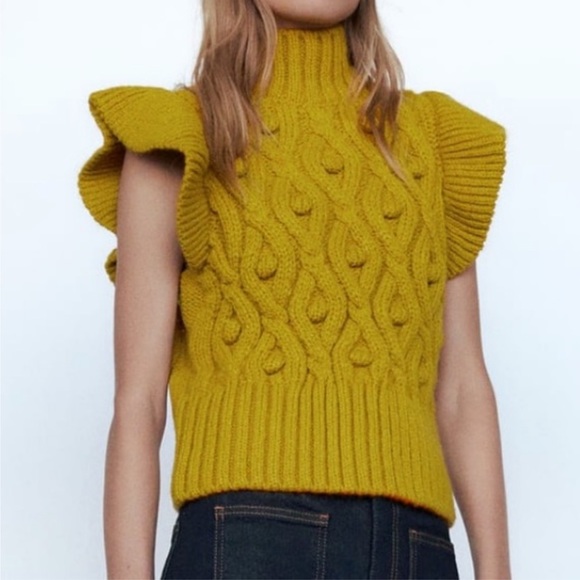 ZARA Pompom Knit Ruffle Vest Sweater